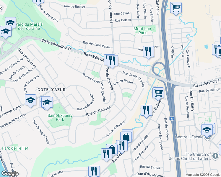 map of restaurants, bars, coffee shops, grocery stores, and more near 294 Rue de Cannes in Gatineau