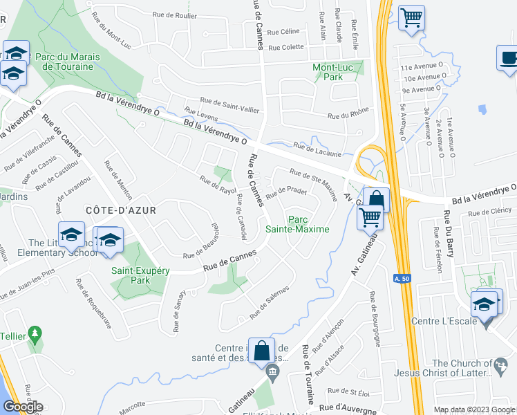 map of restaurants, bars, coffee shops, grocery stores, and more near 294 Rue de Cannes in Gatineau