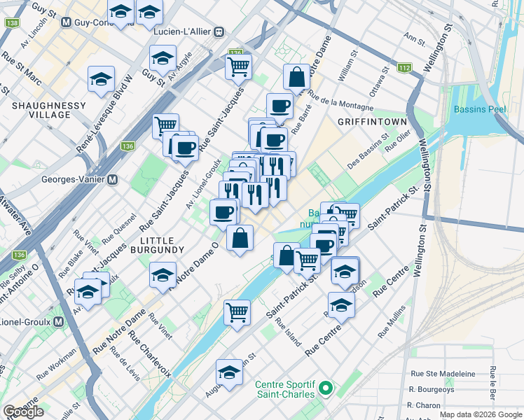 map of restaurants, bars, coffee shops, grocery stores, and more near 1811 Rue William in Montréal