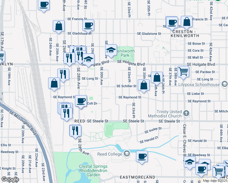 map of restaurants, bars, coffee shops, grocery stores, and more near 4905 Southeast 32nd Avenue in Portland