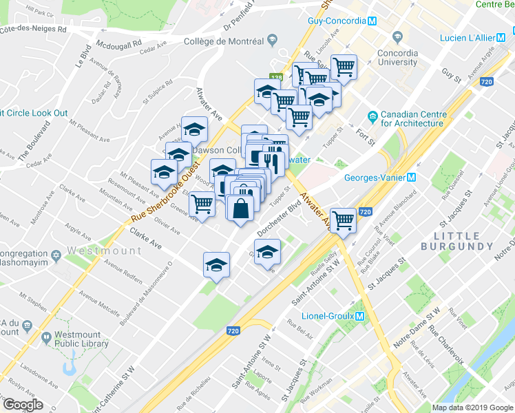 map of restaurants, bars, coffee shops, grocery stores, and more near 4050 Rue Sainte-Catherine Ouest in Westmount