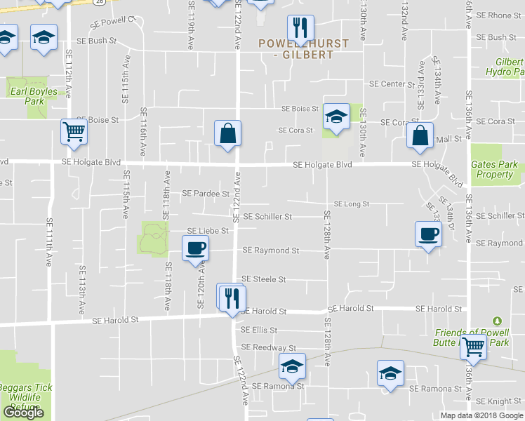 map of restaurants, bars, coffee shops, grocery stores, and more near 12333 Southeast Schiller Street in Portland
