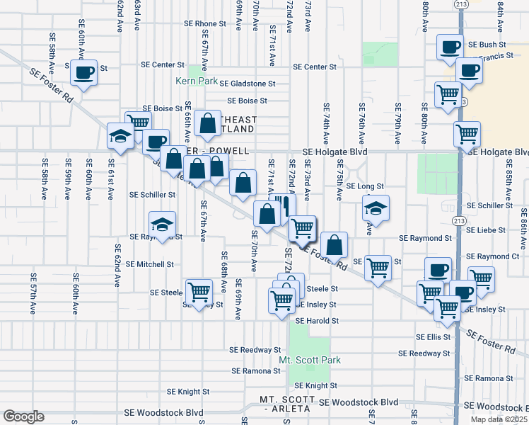 map of restaurants, bars, coffee shops, grocery stores, and more near 4925 Southeast 71st Avenue in Portland