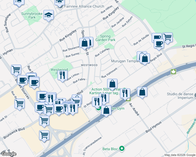 map of restaurants, bars, coffee shops, grocery stores, and more near 34 Rue Valmount in Dollard-des-Ormeaux