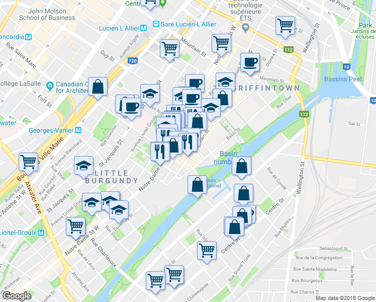 map of restaurants, bars, coffee shops, grocery stores, and more near 374 Rue Saint-Martin in Montréal