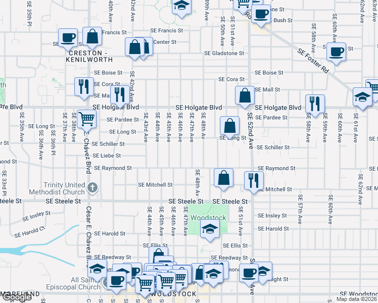 map of restaurants, bars, coffee shops, grocery stores, and more near 4815 Southeast 47th Avenue in Portland