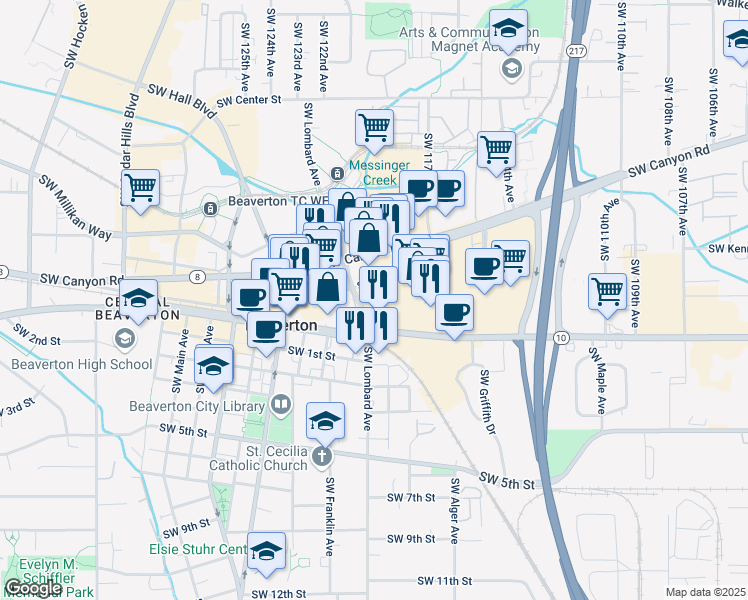 map of restaurants, bars, coffee shops, grocery stores, and more near 4455 Southwest Lombard Avenue in Beaverton