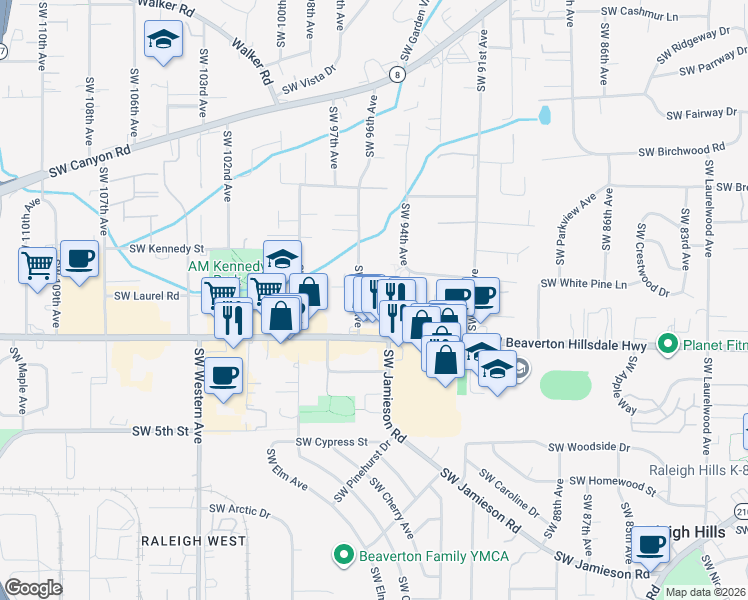 map of restaurants, bars, coffee shops, grocery stores, and more near 4480 Southwest 96th Avenue in Beaverton