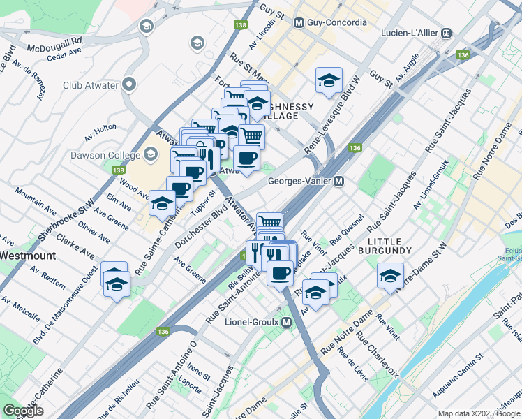 map of restaurants, bars, coffee shops, grocery stores, and more near 2266 Rue du Souvenir in Montréal