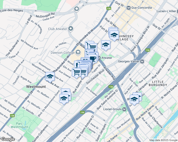 map of restaurants, bars, coffee shops, grocery stores, and more near in Westmount