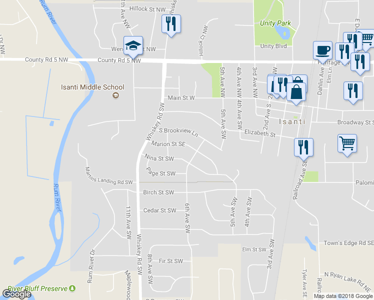 map of restaurants, bars, coffee shops, grocery stores, and more near 609 Marion Street Southeast in Isanti
