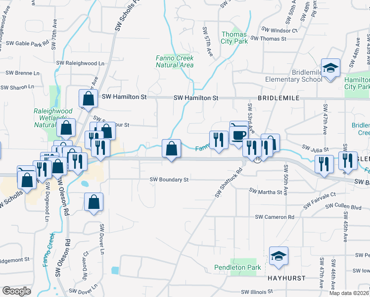 map of restaurants, bars, coffee shops, grocery stores, and more near 5839 Southwest Beaverton Hillsdale Highway in Portland