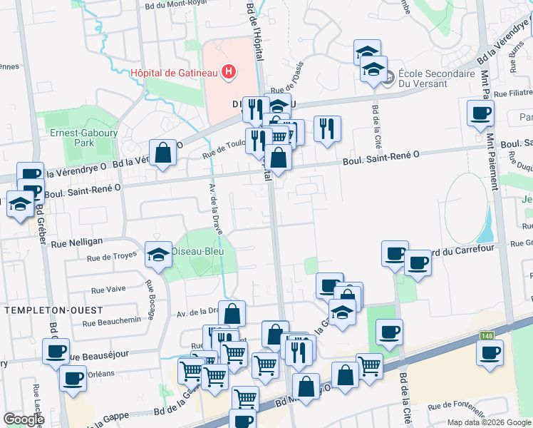 map of restaurants, bars, coffee shops, grocery stores, and more near 347 Boulevard de l'Hôpital in Gatineau
