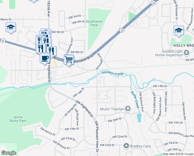 map of restaurants, bars, coffee shops, grocery stores, and more near 1324 Southwest Pleasant View Drive in Gresham