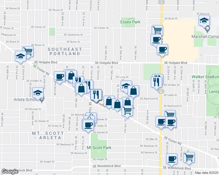 map of restaurants, bars, coffee shops, grocery stores, and more near 4826 Southeast 75th Avenue in Portland
