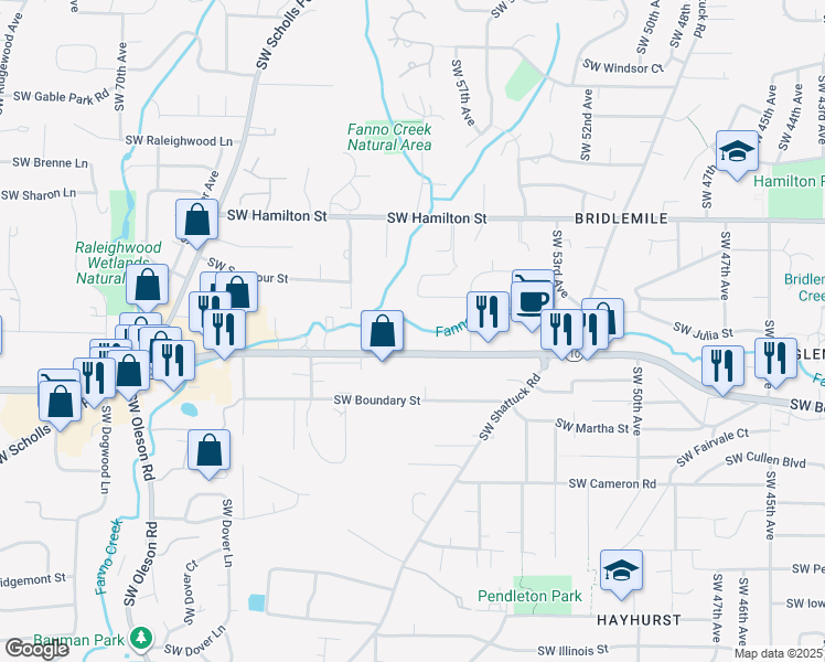 map of restaurants, bars, coffee shops, grocery stores, and more near 5839 Southwest Beaverton Hillsdale Highway in Portland