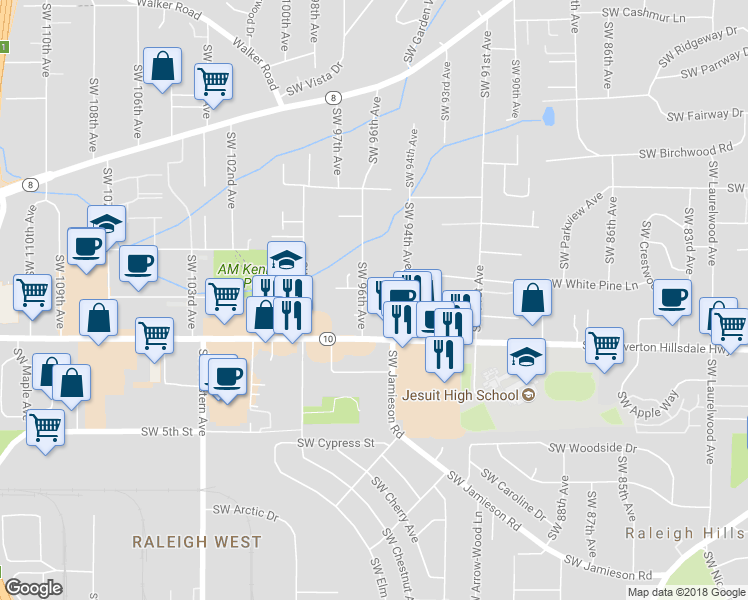 map of restaurants, bars, coffee shops, grocery stores, and more near 4560 Southwest 96th Avenue in Beaverton