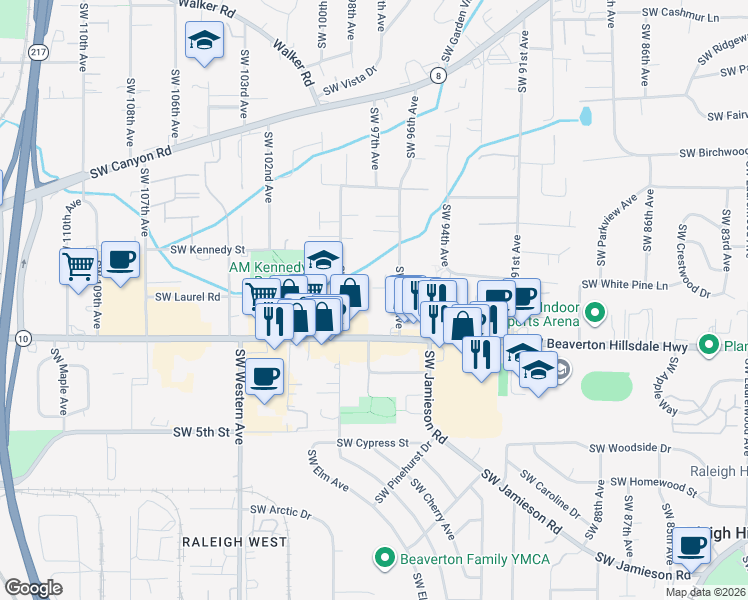 map of restaurants, bars, coffee shops, grocery stores, and more near 4535 Southwest 96th Avenue in Beaverton