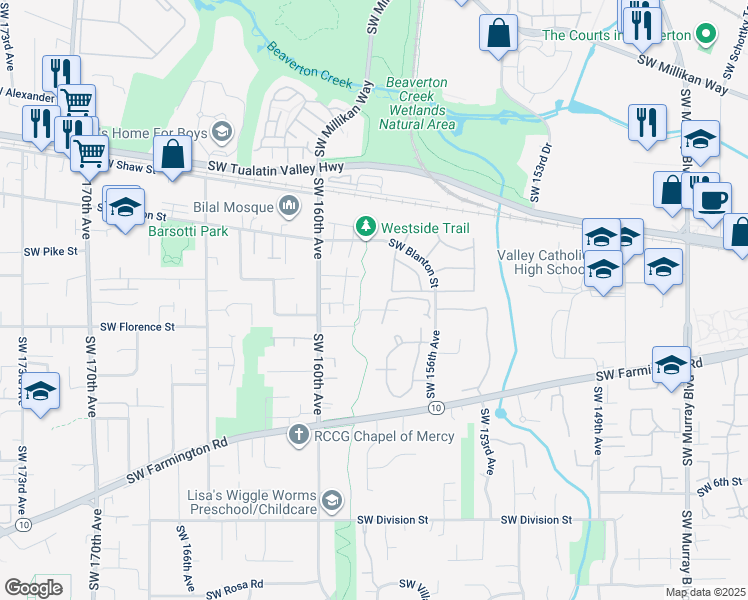 map of restaurants, bars, coffee shops, grocery stores, and more near 4562 Southwest 160th Avenue in Beaverton