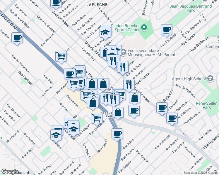 map of restaurants, bars, coffee shops, grocery stores, and more near 3984 Grand Boulevard in Longueuil