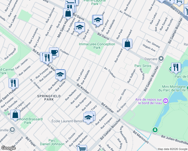 map of restaurants, bars, coffee shops, grocery stores, and more near 3883 Rue Prince Charles in Longueuil