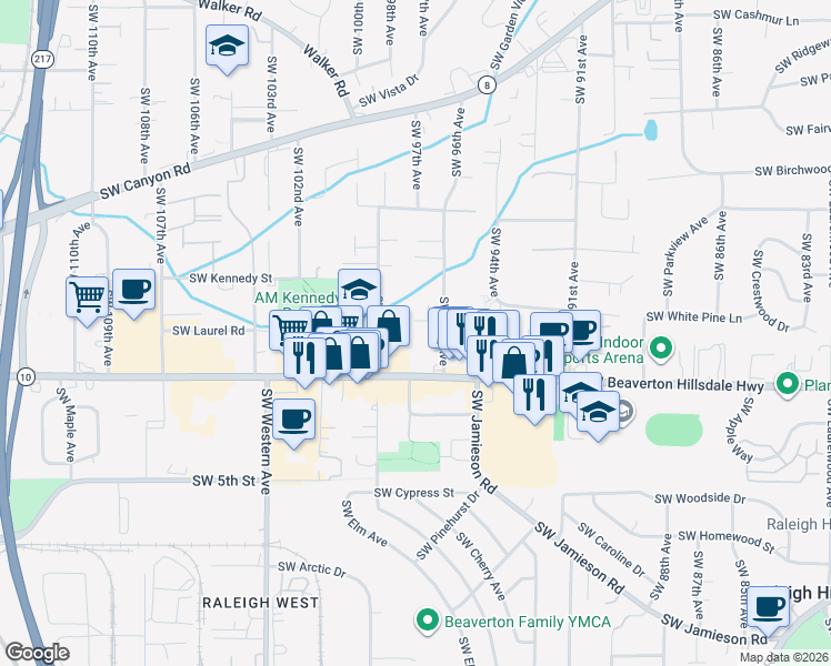 map of restaurants, bars, coffee shops, grocery stores, and more near 4535 Southwest 96th Avenue in Beaverton