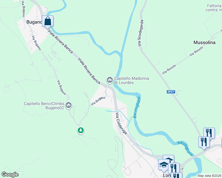 map of restaurants, bars, coffee shops, grocery stores, and more near 106 Via Bugano in Longare
