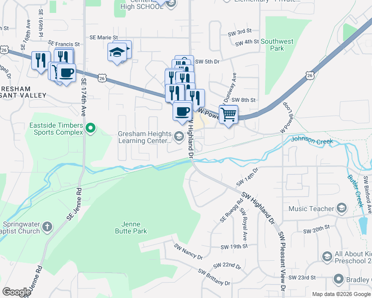 map of restaurants, bars, coffee shops, grocery stores, and more near 4540 Southwest 11th Street in Gresham