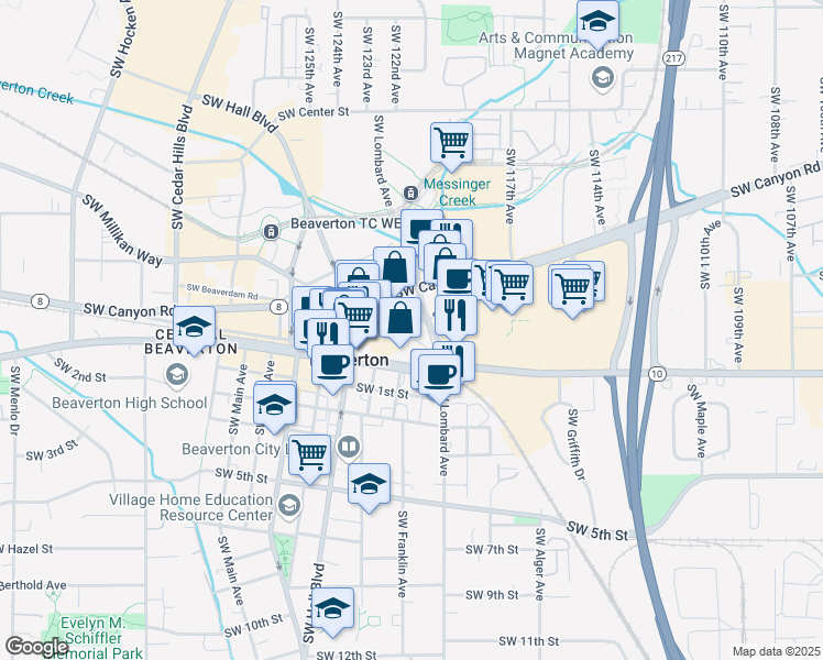 map of restaurants, bars, coffee shops, grocery stores, and more near 12130 Southwest Broadway Street in Beaverton