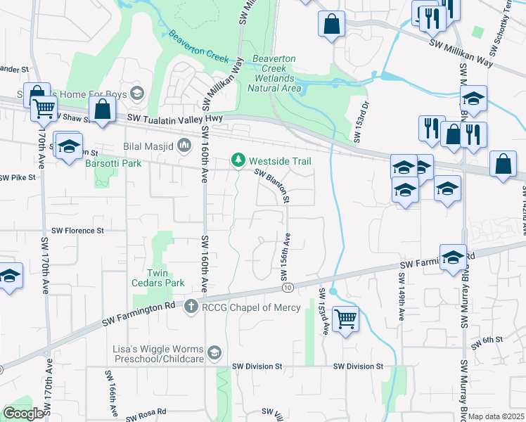map of restaurants, bars, coffee shops, grocery stores, and more near Southwest 160th Avenue in Beaverton