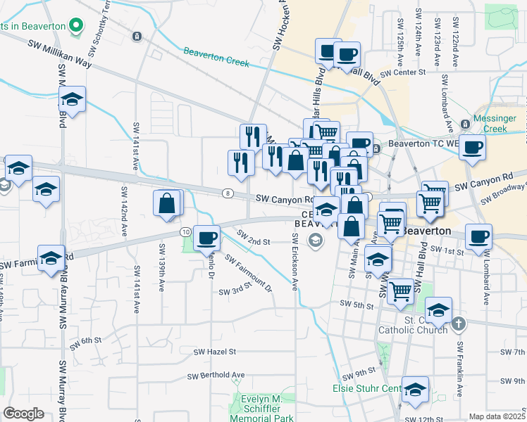 map of restaurants, bars, coffee shops, grocery stores, and more near 13355 Southwest Farmington Road in Beaverton