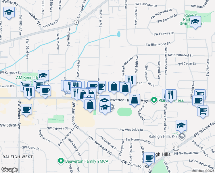 map of restaurants, bars, coffee shops, grocery stores, and more near 9010 Southwest Meadow Lane in Portland
