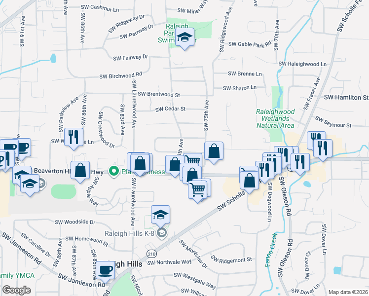 map of restaurants, bars, coffee shops, grocery stores, and more near 4460 Southwest 78th Avenue in Portland