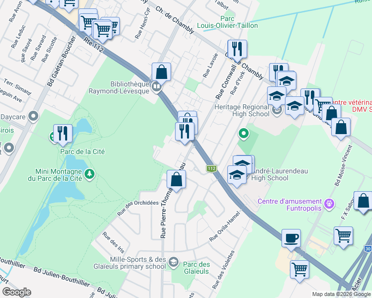 map of restaurants, bars, coffee shops, grocery stores, and more near 7161 Boulevard Cousineau in Longueuil