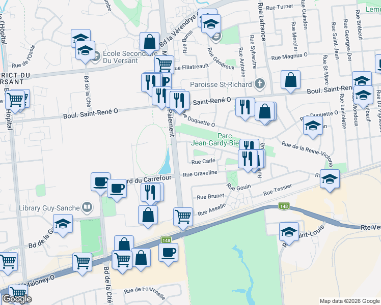 map of restaurants, bars, coffee shops, grocery stores, and more near 589 Rue Carle in Gatineau