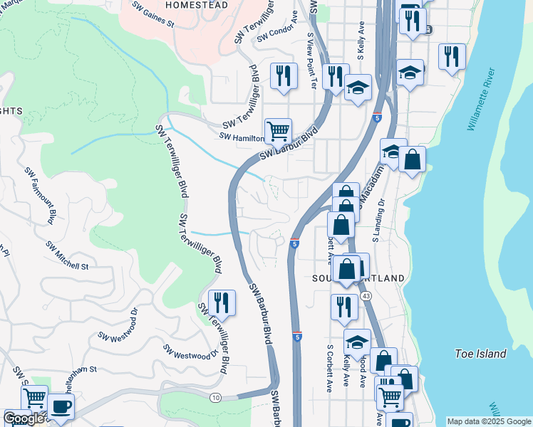 map of restaurants, bars, coffee shops, grocery stores, and more near 4944 Southwest Barbur Boulevard in Portland
