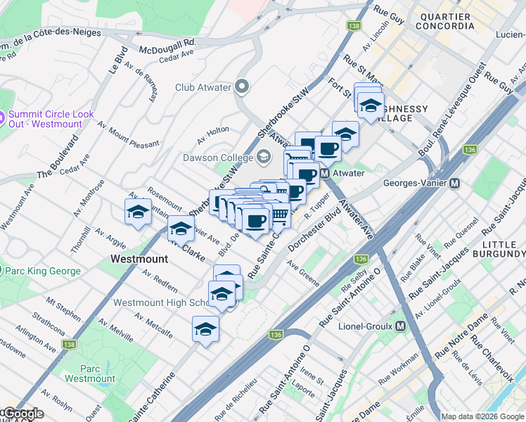 map of restaurants, bars, coffee shops, grocery stores, and more near 2 Westmount Square in Westmount