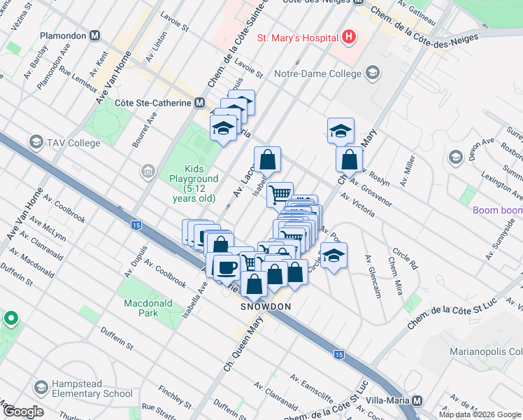map of restaurants, bars, coffee shops, grocery stores, and more near 4919 Rue Jean-Brillant in Montréal