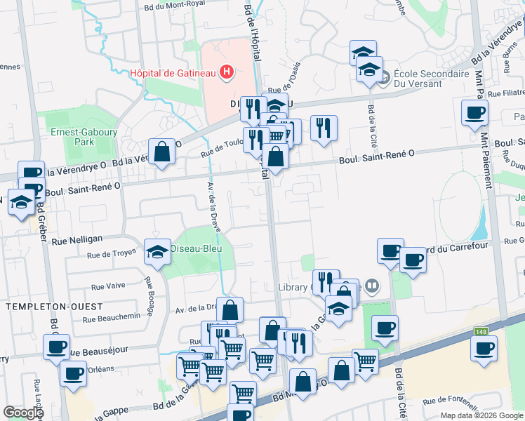 map of restaurants, bars, coffee shops, grocery stores, and more near 353 Boulevard de l'Hôpital in Gatineau