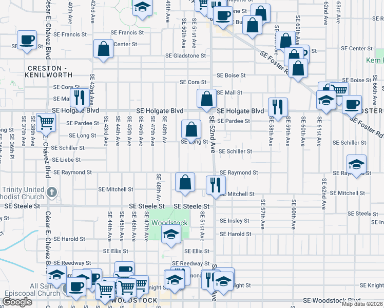 map of restaurants, bars, coffee shops, grocery stores, and more near 4806 Southeast 50th Avenue in Portland