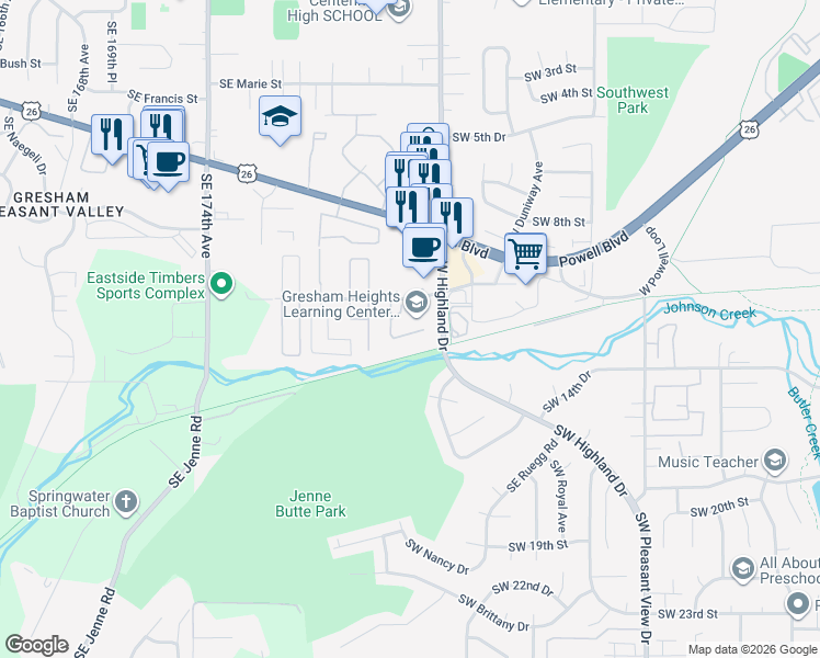 map of restaurants, bars, coffee shops, grocery stores, and more near 4532 Southwest 11th Street in Gresham