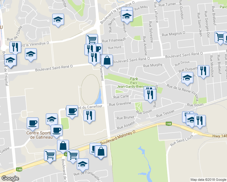 map of restaurants, bars, coffee shops, grocery stores, and more near 589 Rue Carle in Gatineau