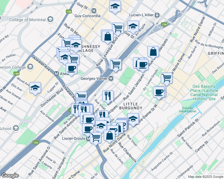 map of restaurants, bars, coffee shops, grocery stores, and more near 2242 Rue Coursol in Montreal