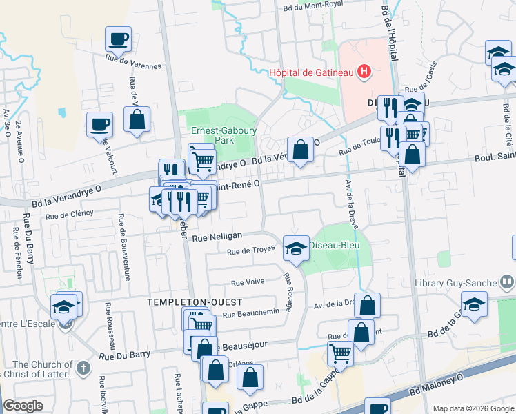map of restaurants, bars, coffee shops, grocery stores, and more near 14 Rue Ernest-Gaboury in Gatineau