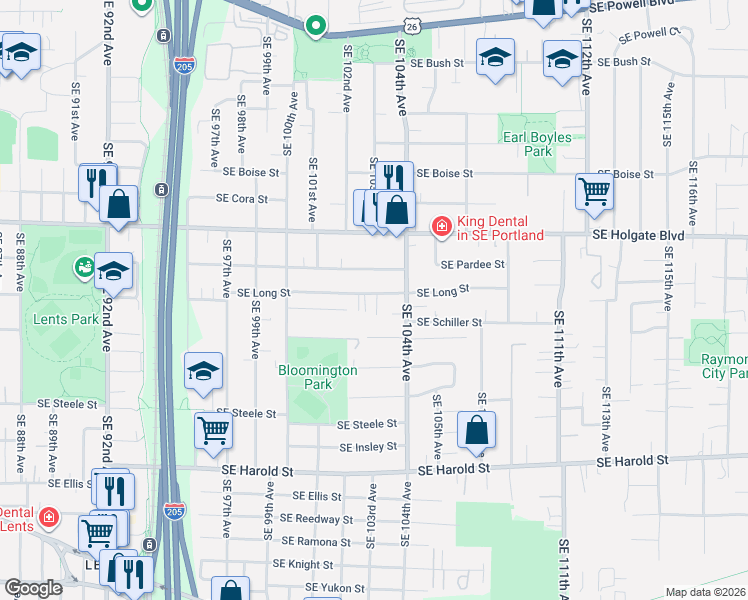 map of restaurants, bars, coffee shops, grocery stores, and more near 10276 Southeast Long Street in Portland