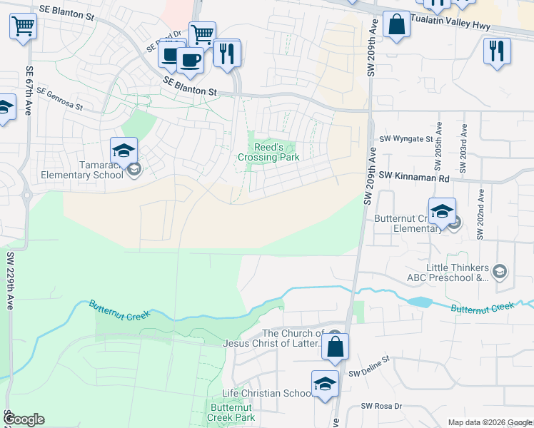 map of restaurants, bars, coffee shops, grocery stores, and more near 21390 Southwest McInnis Lane in Beaverton