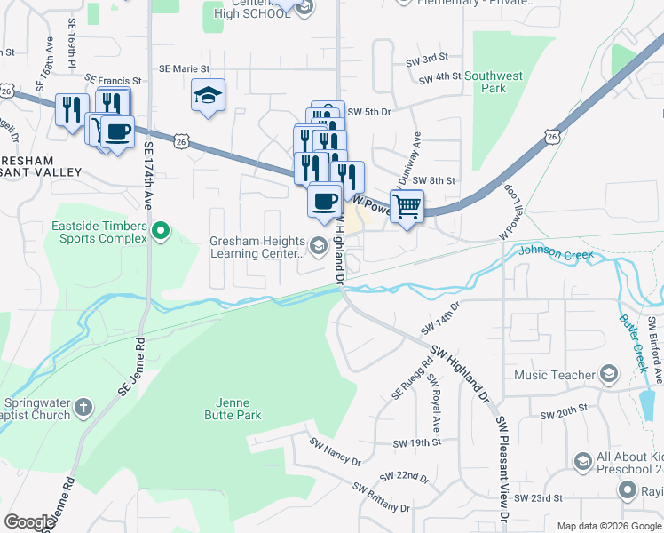 map of restaurants, bars, coffee shops, grocery stores, and more near 4532 Southwest 11th Street in Gresham