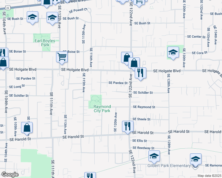 map of restaurants, bars, coffee shops, grocery stores, and more near 11843 Southeast Schiller Street in Portland