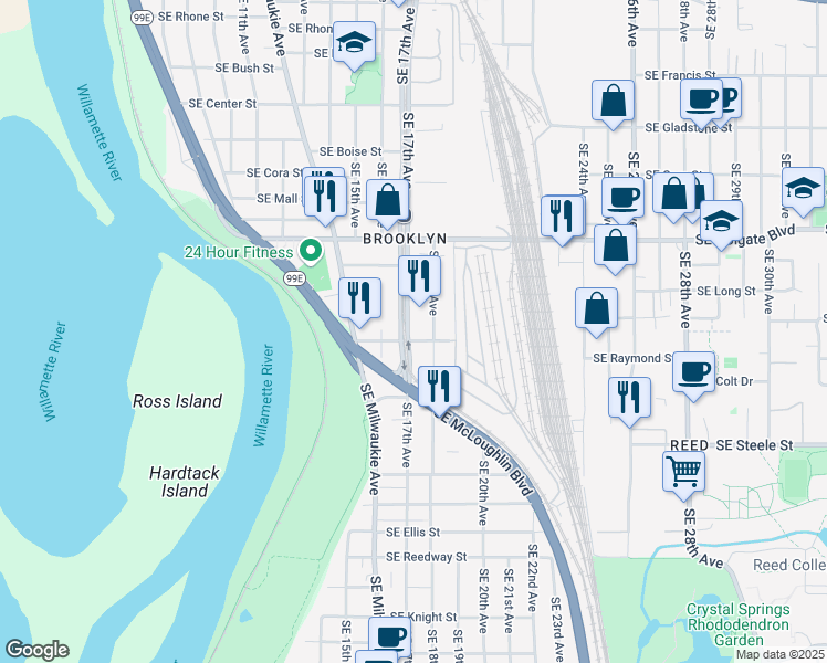 map of restaurants, bars, coffee shops, grocery stores, and more near 4855 Southeast 18th Avenue in Portland