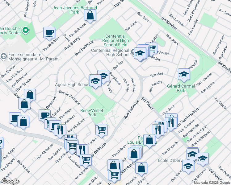 map of restaurants, bars, coffee shops, grocery stores, and more near 740 Rue Madel in Longueuil